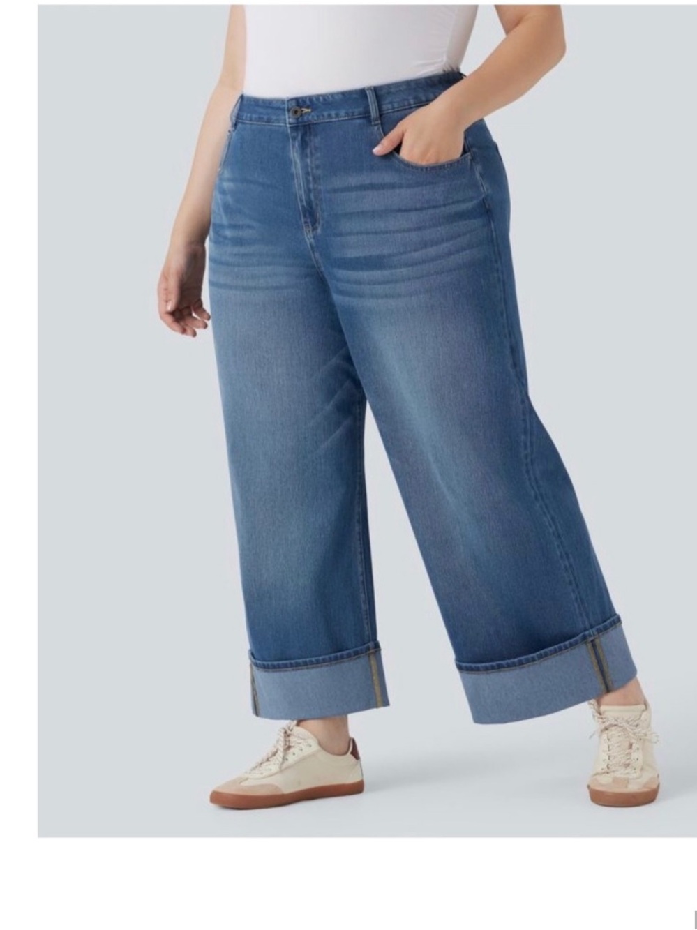 Halara Flex™ High Waisted Wide Leg Rolled Hem Knit Jeans Blue Spruce XL P
